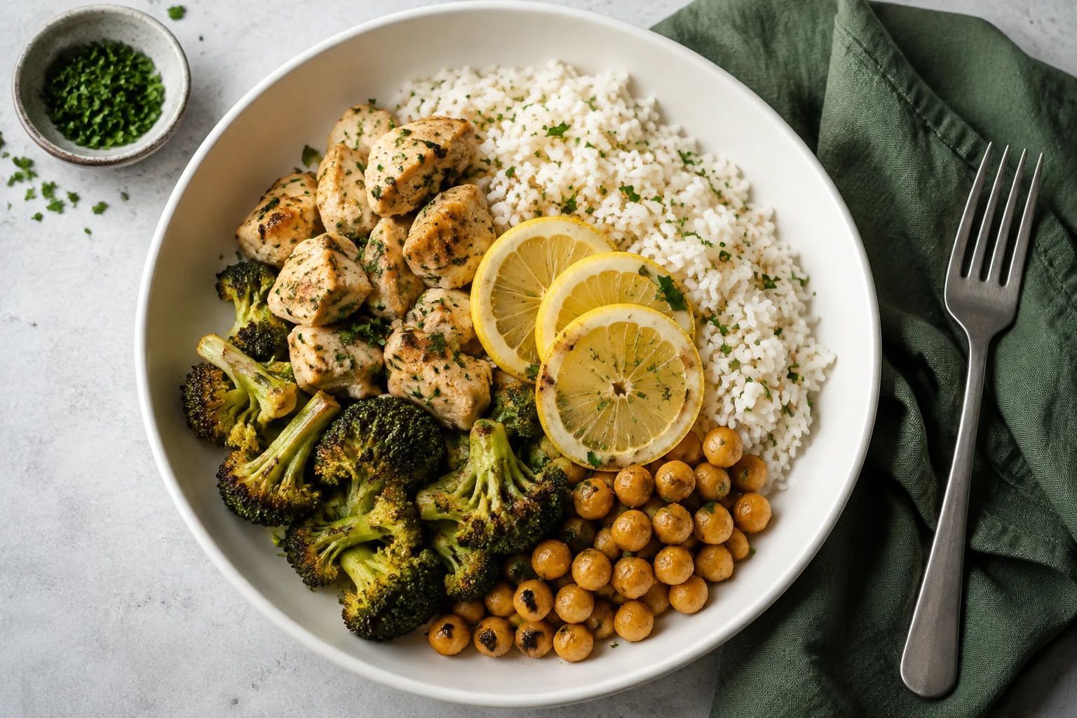 A home-cooked bowl of lemon chicken, rice, broccoli and chickpeas